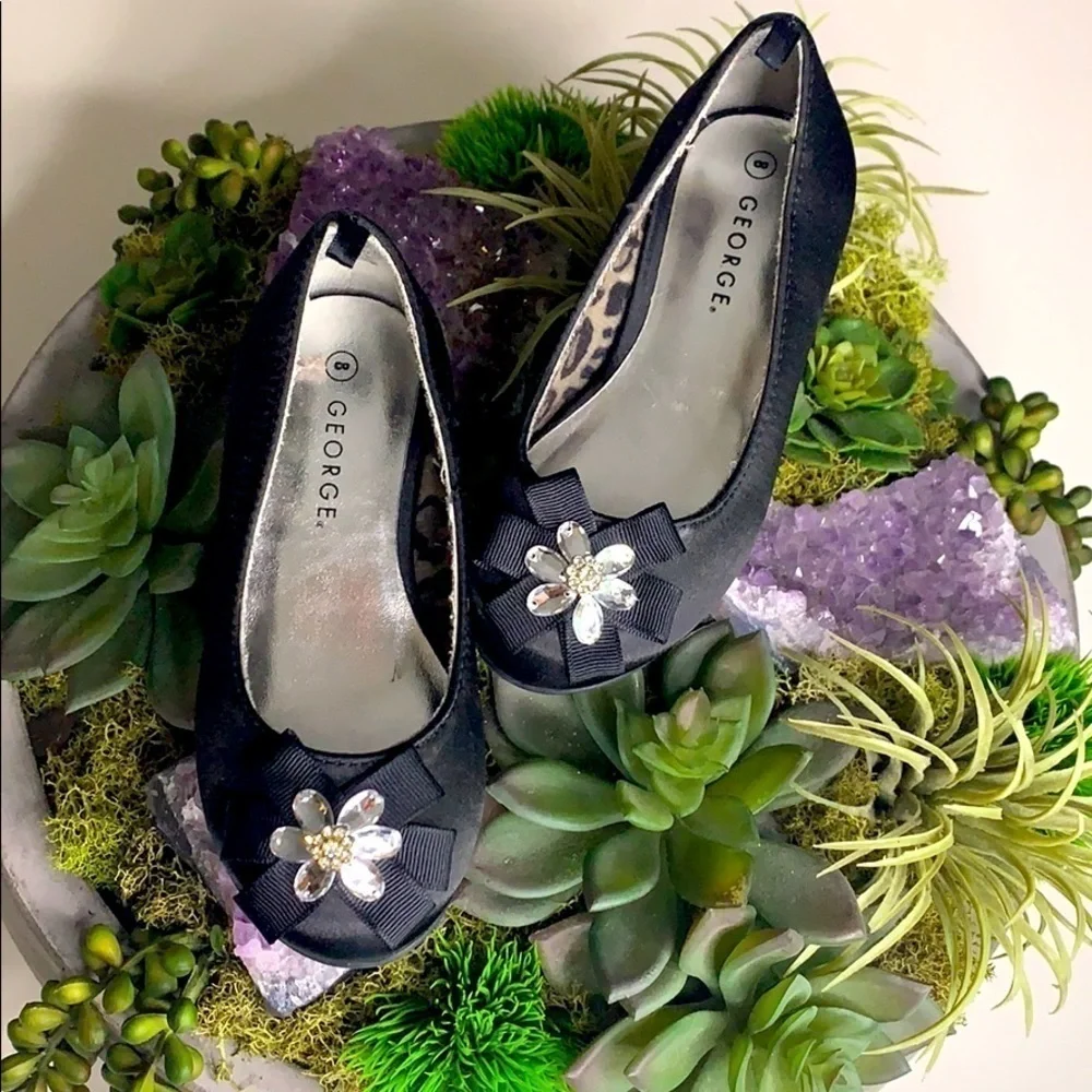 Satin Black Crystal Flower kitten heel girl party holiday shoes toddler 8